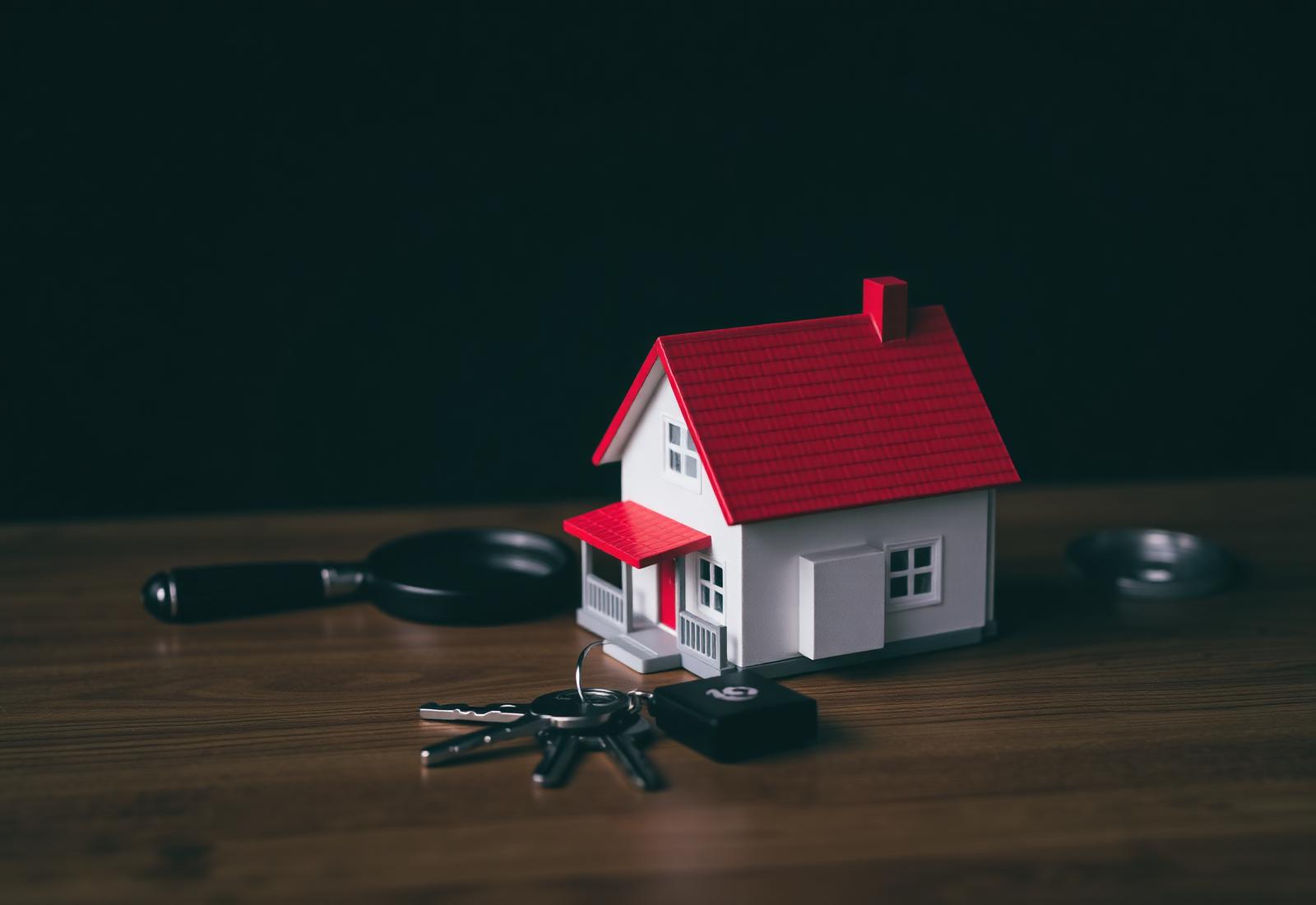 Model house with keys and magnifying glass