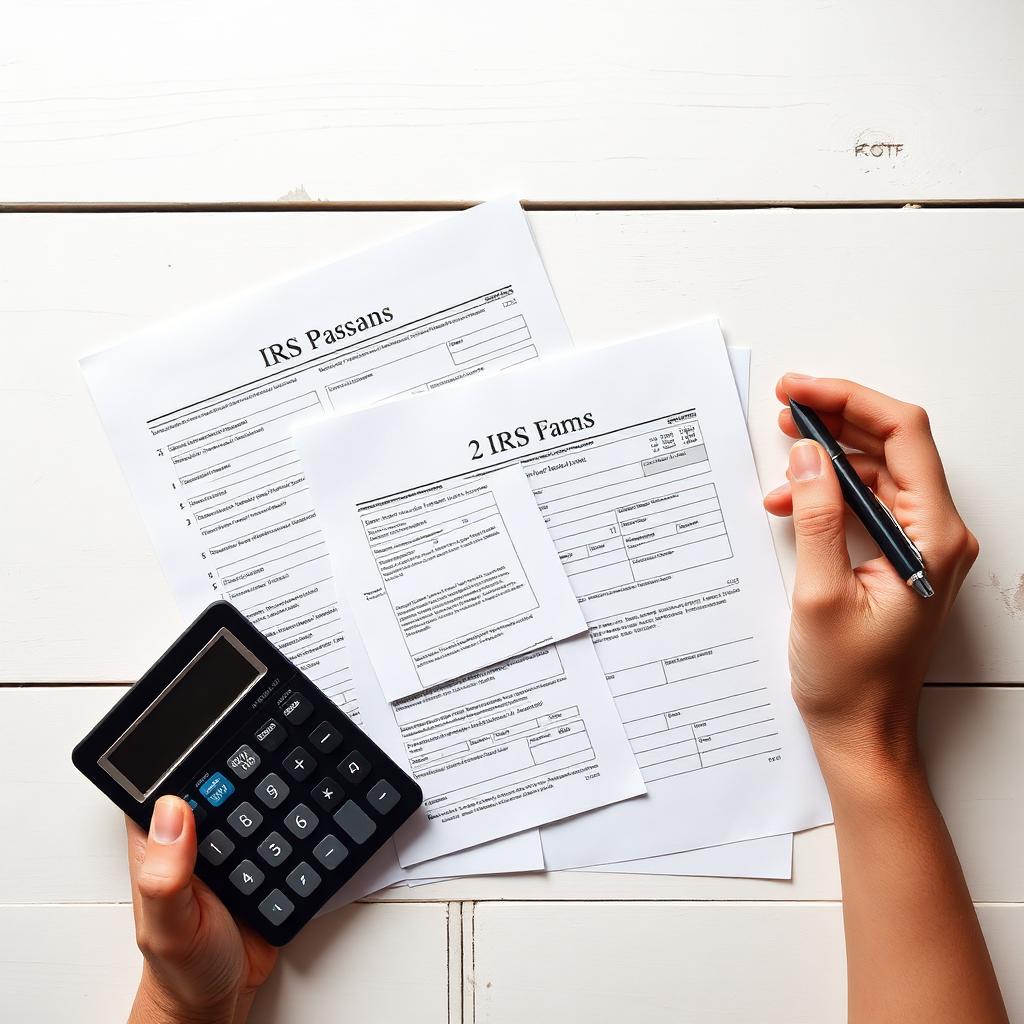 Tax documents and calculator on a desk